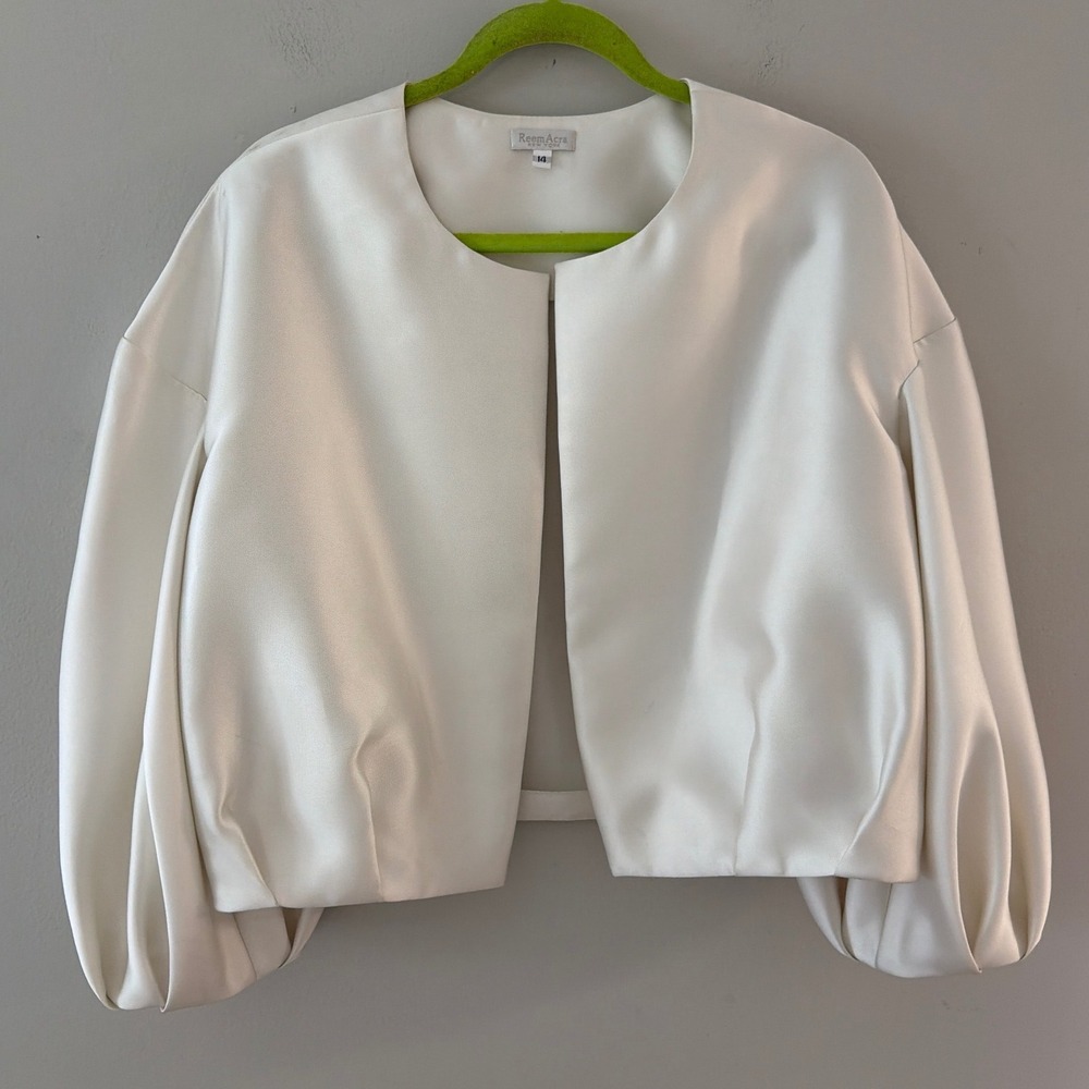 Reem Acra New York Ivory Satin Cropped Balloon Sleeve Evening Jacket Womens 14